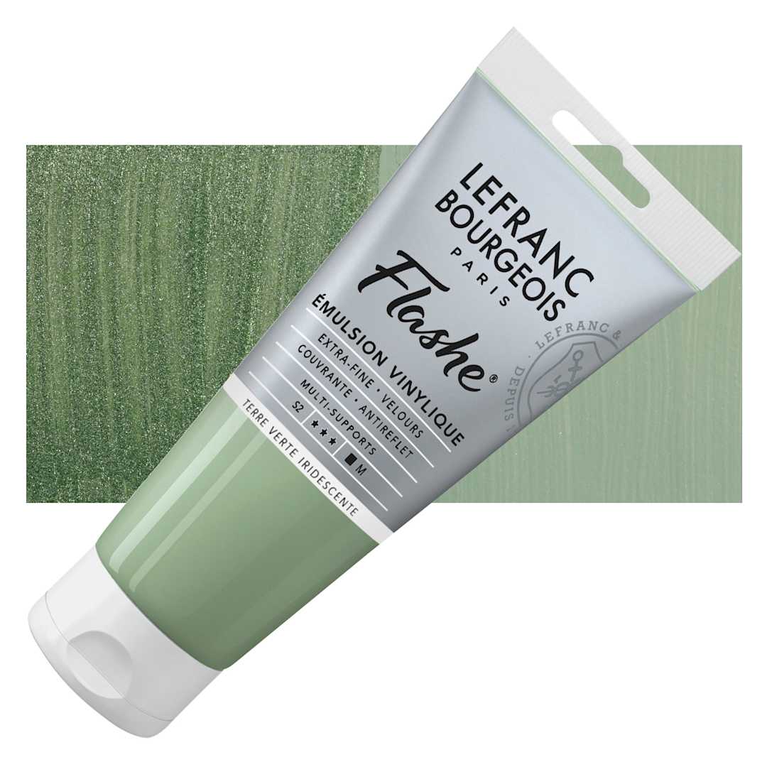Open in modal - Lefranc & Bourgeois Flashe Vinyl Paint - Iridescent Green Earth, 80 ml tube and swatch
