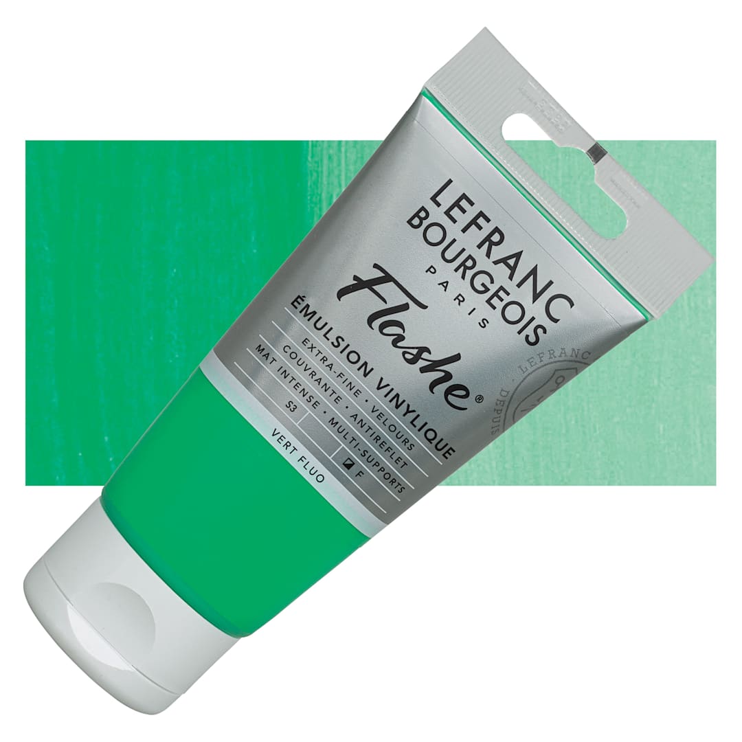 Open in modal - Lefranc & Bourgeois Flashe Vinyl Paint - Fluorescent Green, 80 ml tube and swatch