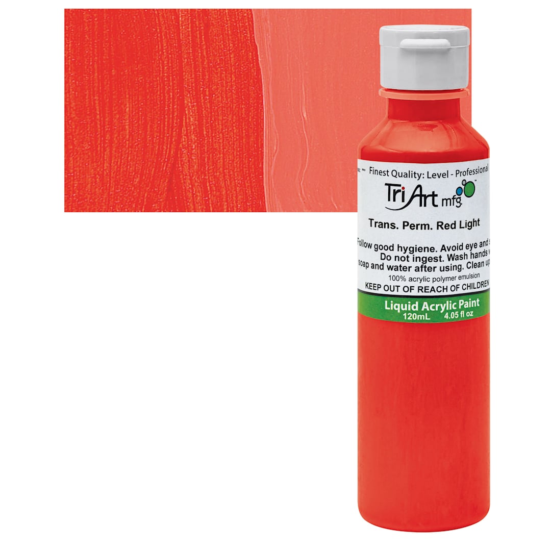 Open in modal - Tri-Art Liquid Artist Acrylic - Transparent Pyrrole Red Light, 120 ml bottle and swatch