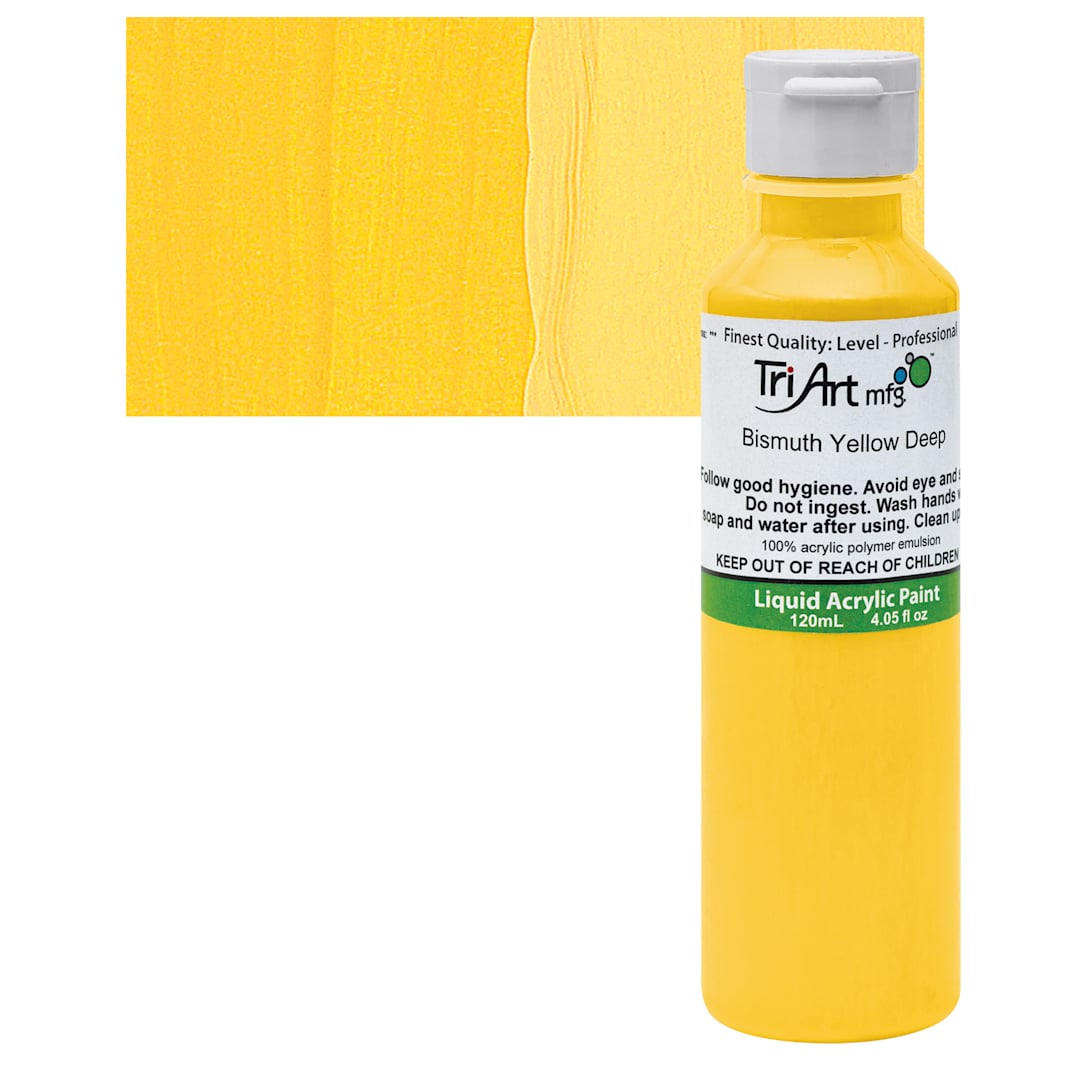 Open in modal - Tri-Art Liquid Artist Acrylic - Bismuth Yellow Deep, 120 ml bottle and swatch