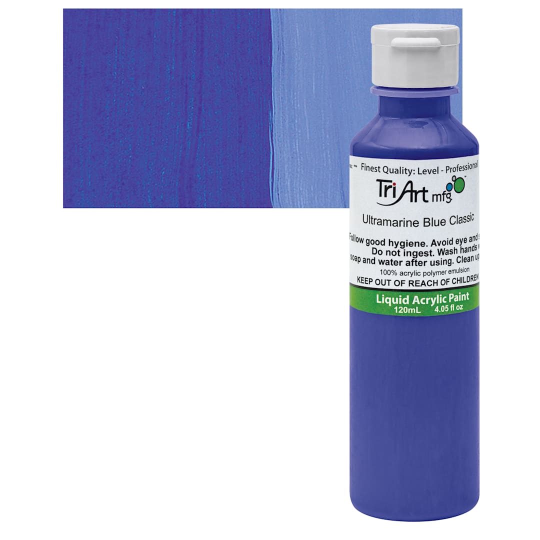 Open in modal - Tri-Art Liquid Artist Acrylic - Ultramarine Blue, 120 ml bottle and swatch