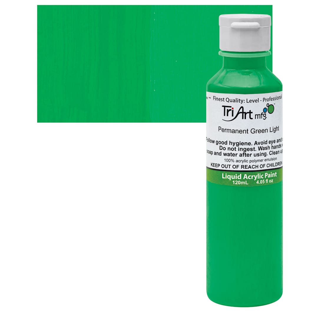 Open in modal - Tri-Art Liquid Artist Acrylic - Permanent Green Light, 120 ml bottle and swatch
