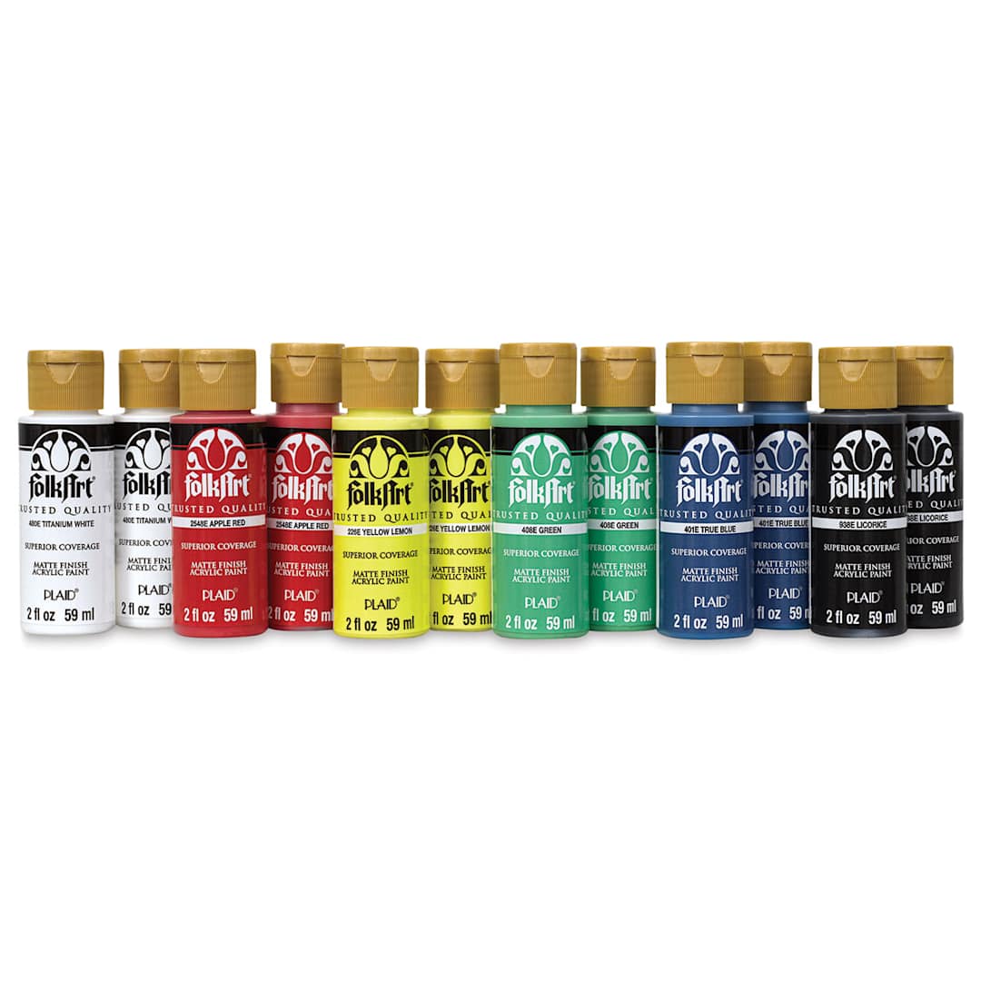 Open in modal - FolkArt Matte Acrylic Paint - Set of 12, Classic Colors, 2 oz, Bottles (Out of packaging)
