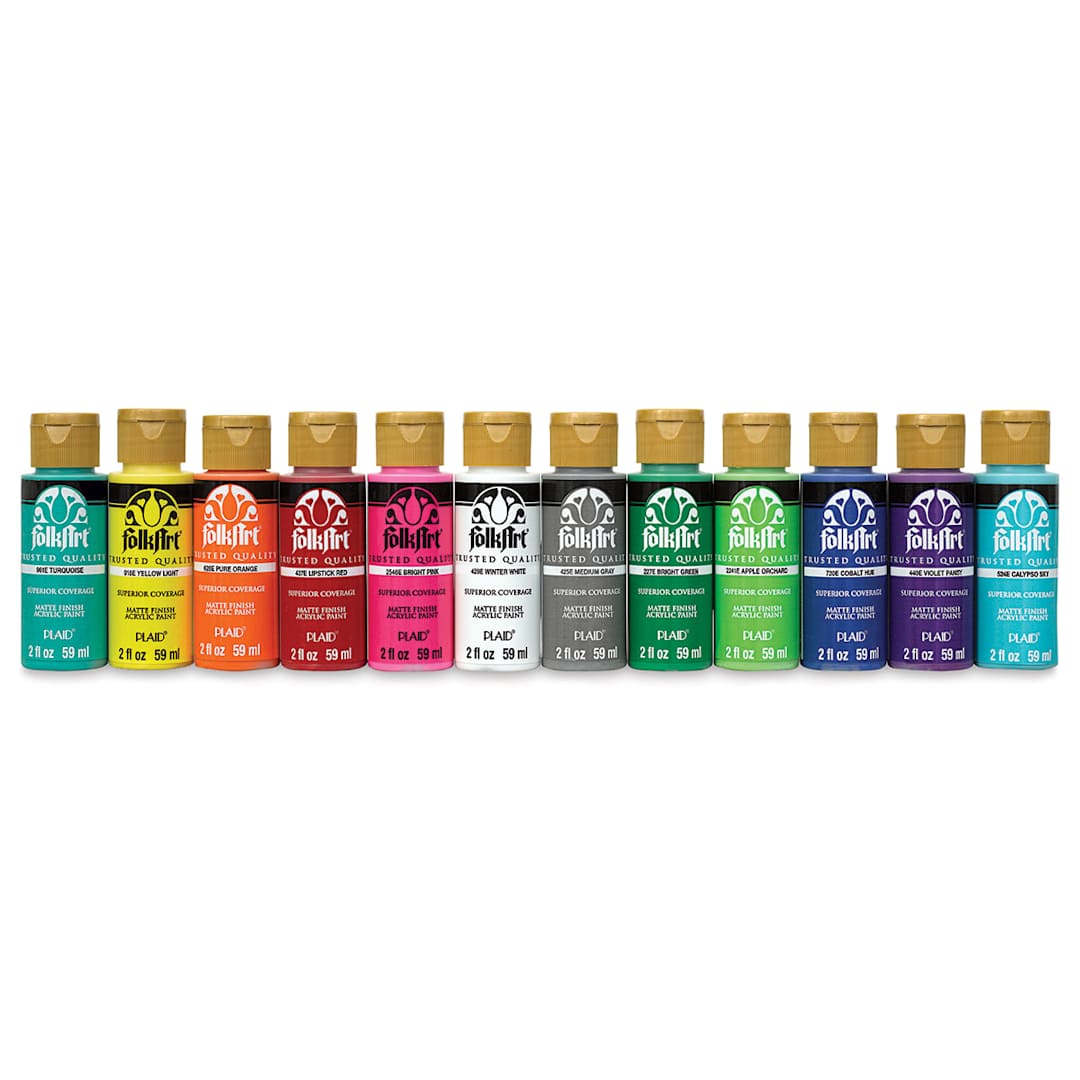 Open in modal - FolkArt Matte Acrylic Paint - Set of 12, Festival Colors, 2 oz, Bottles (Out of packaging)