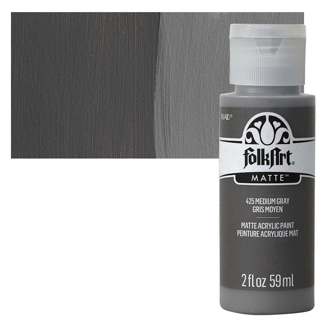 Open in modal - FolkArt Matte Acrylic Paint - Medium Gray, 2 oz, Bottle and swatch