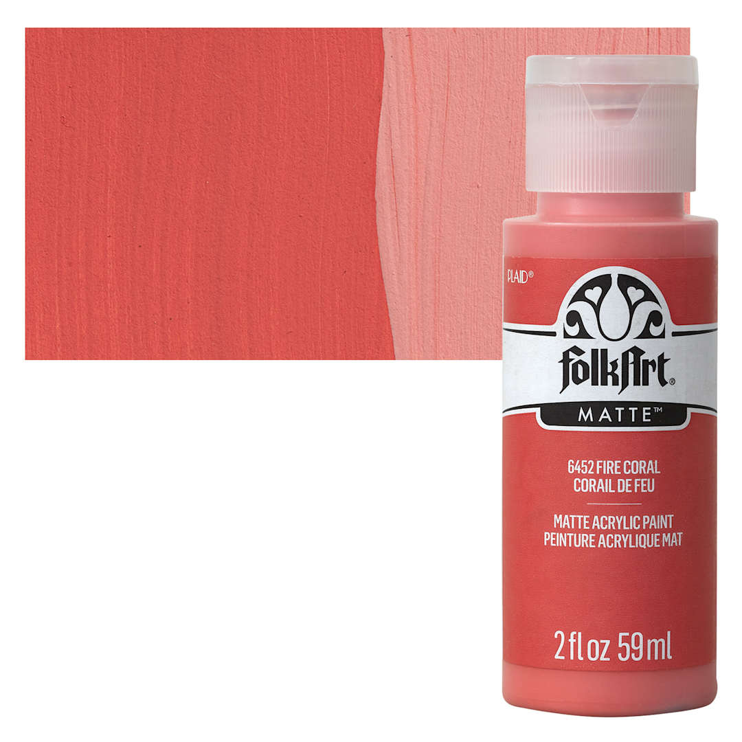Open in modal - FolkArt Matte Acrylic Paint - Fire Coral, 2 oz, Bottle and swatch