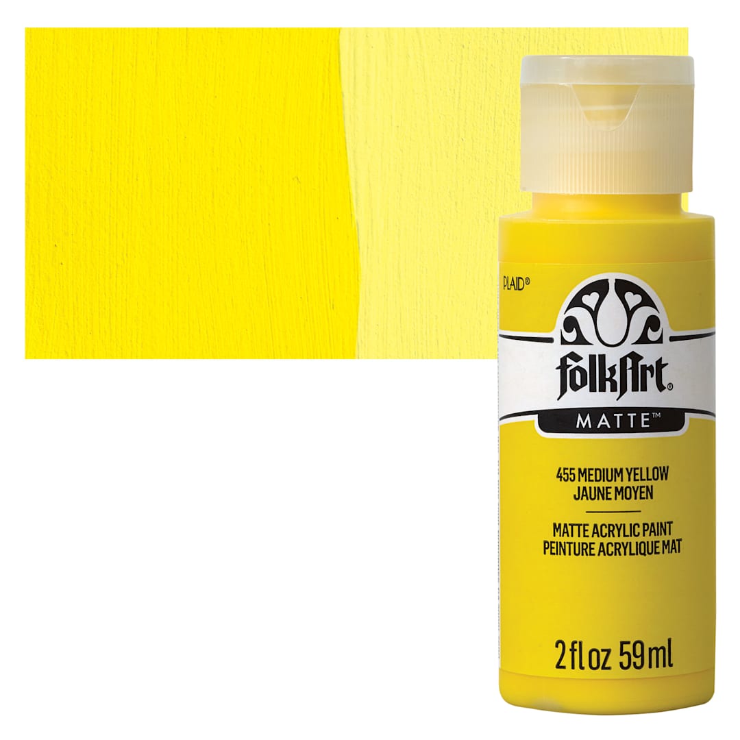 Open in modal - FolkArt Matte Acrylic Paint - Medium Yellow, 2 oz, Bottle and swatch