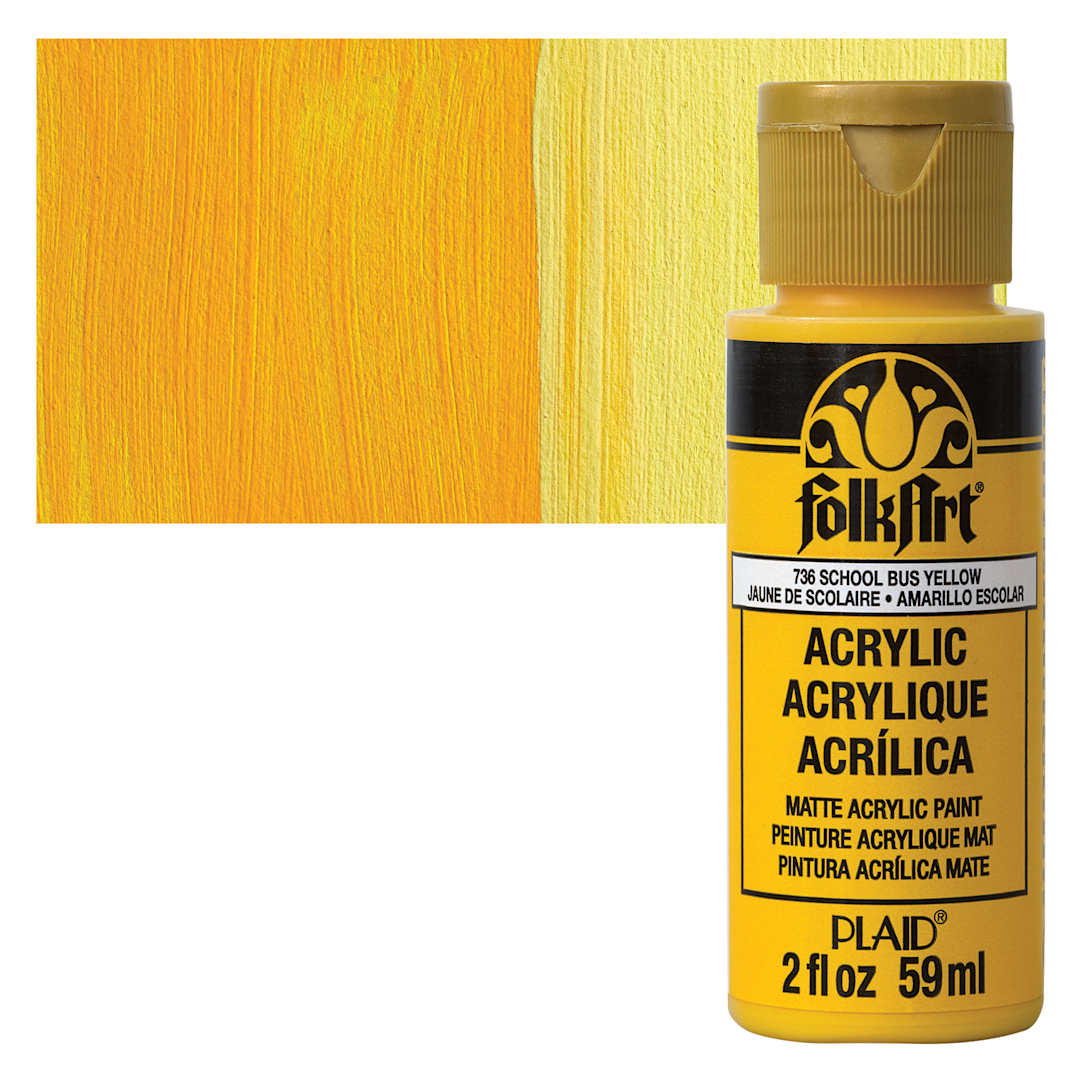 Open in modal - FolkArt Matte Acrylic Paint - School Bus Yellow, 2 oz, Bottle and swatch