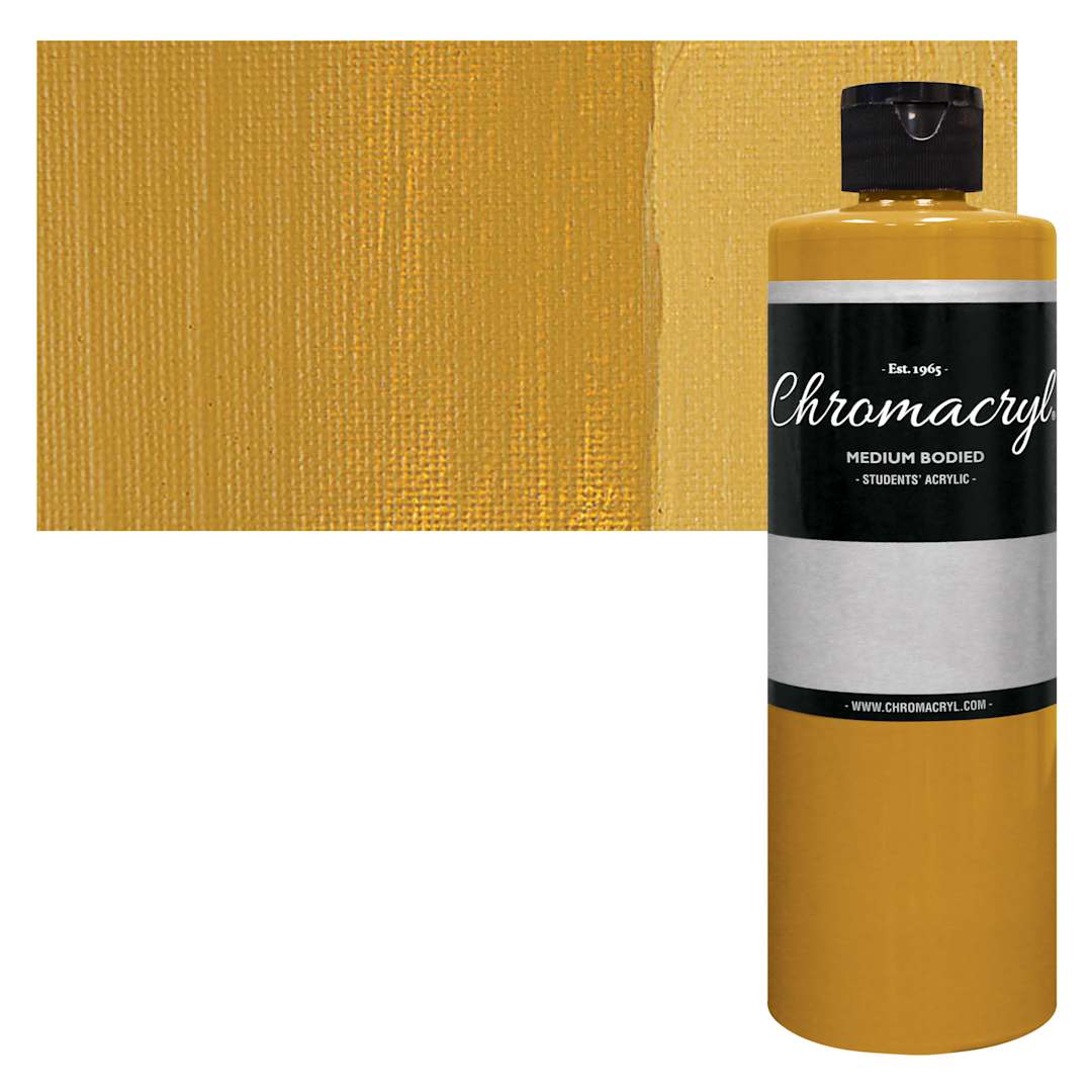 Open in modal - Chromacryl Students' Acrylic - Yellow Oxide, 16 oz bottle and swatch