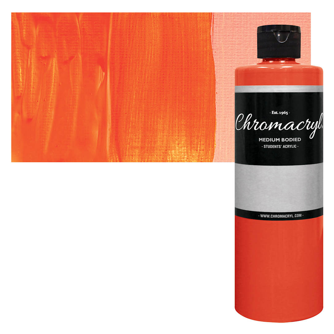 Open in modal - Chromacryl Students' Acrylic - Neon Orange, 16 oz bottle and swatch