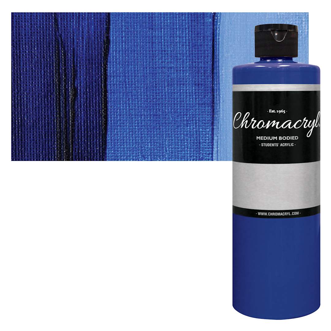 Open in modal - Chromacryl Students' Acrylic - Warm Blue, 16 oz bottle and swatch