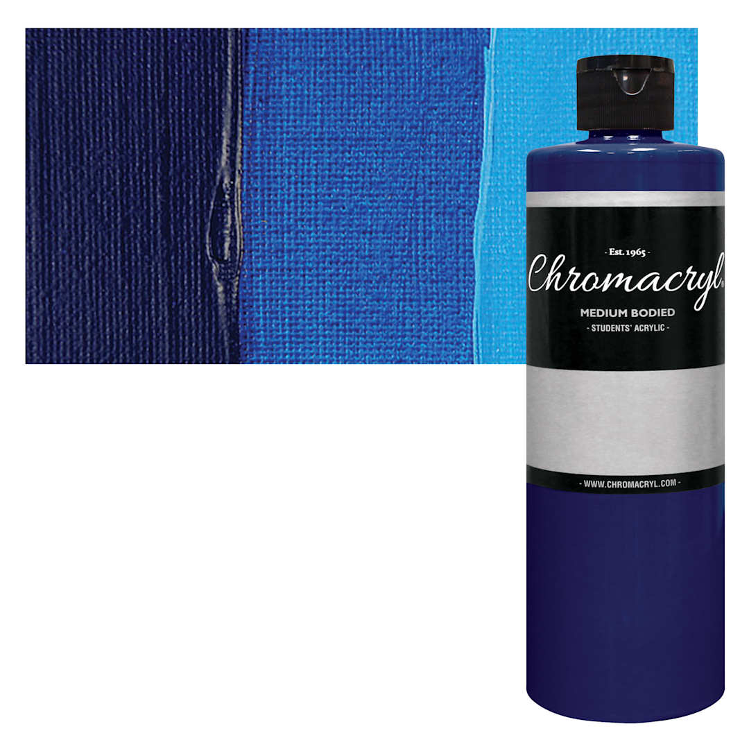 Open in modal - Chromacryl Students' Acrylic - Cool Blue, 16 oz bottle and swatch