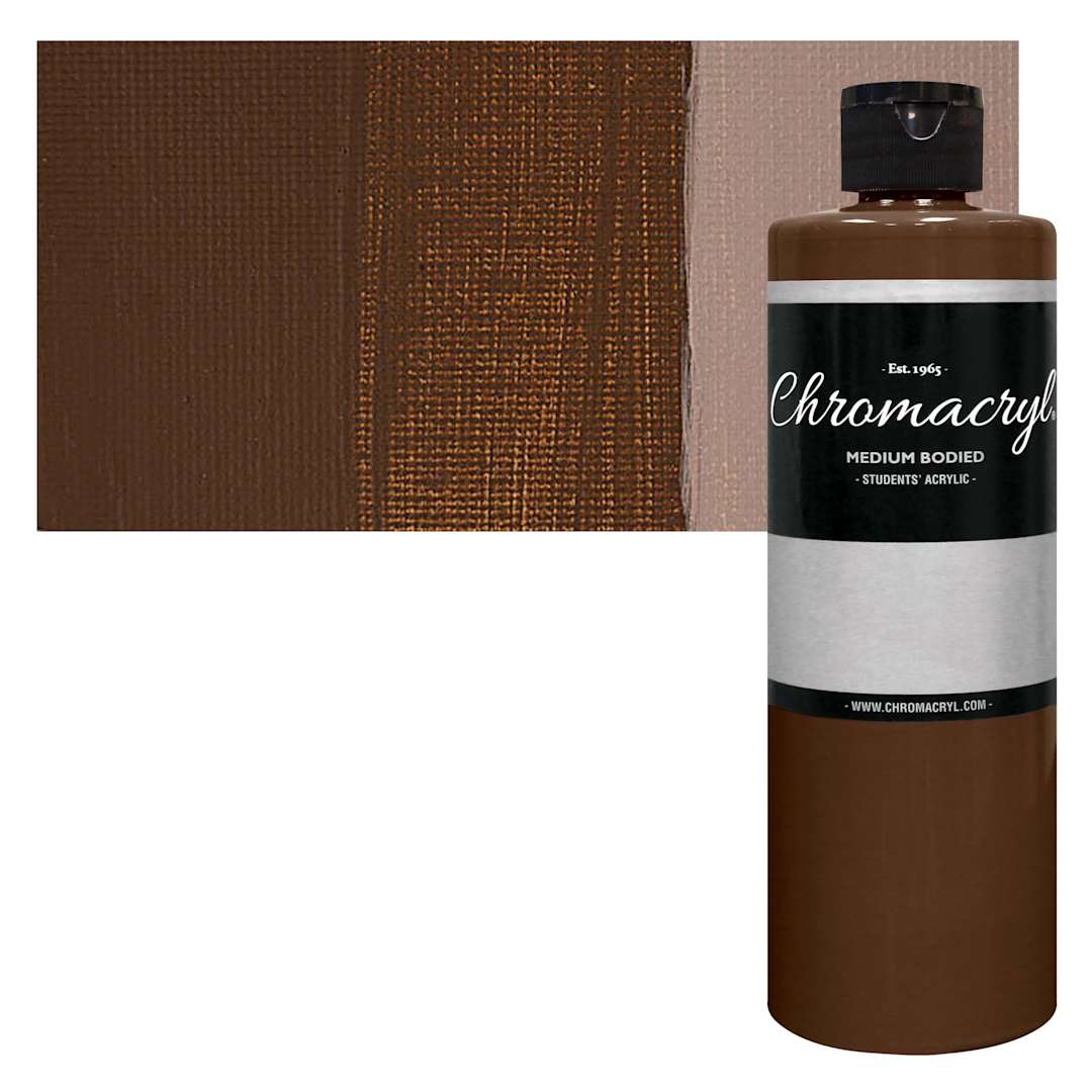 Open in modal - Chromacryl Students' Acrylic - Burnt Umber, 16 oz bottle and swatch