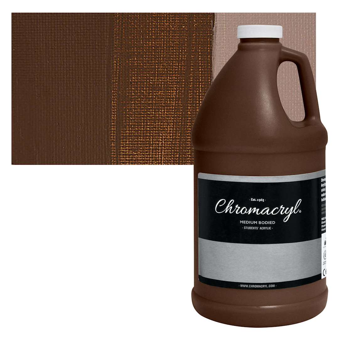 Open in modal - Chromacryl Students' Acrylic - Burnt Umber, 64 oz bottle and swatch