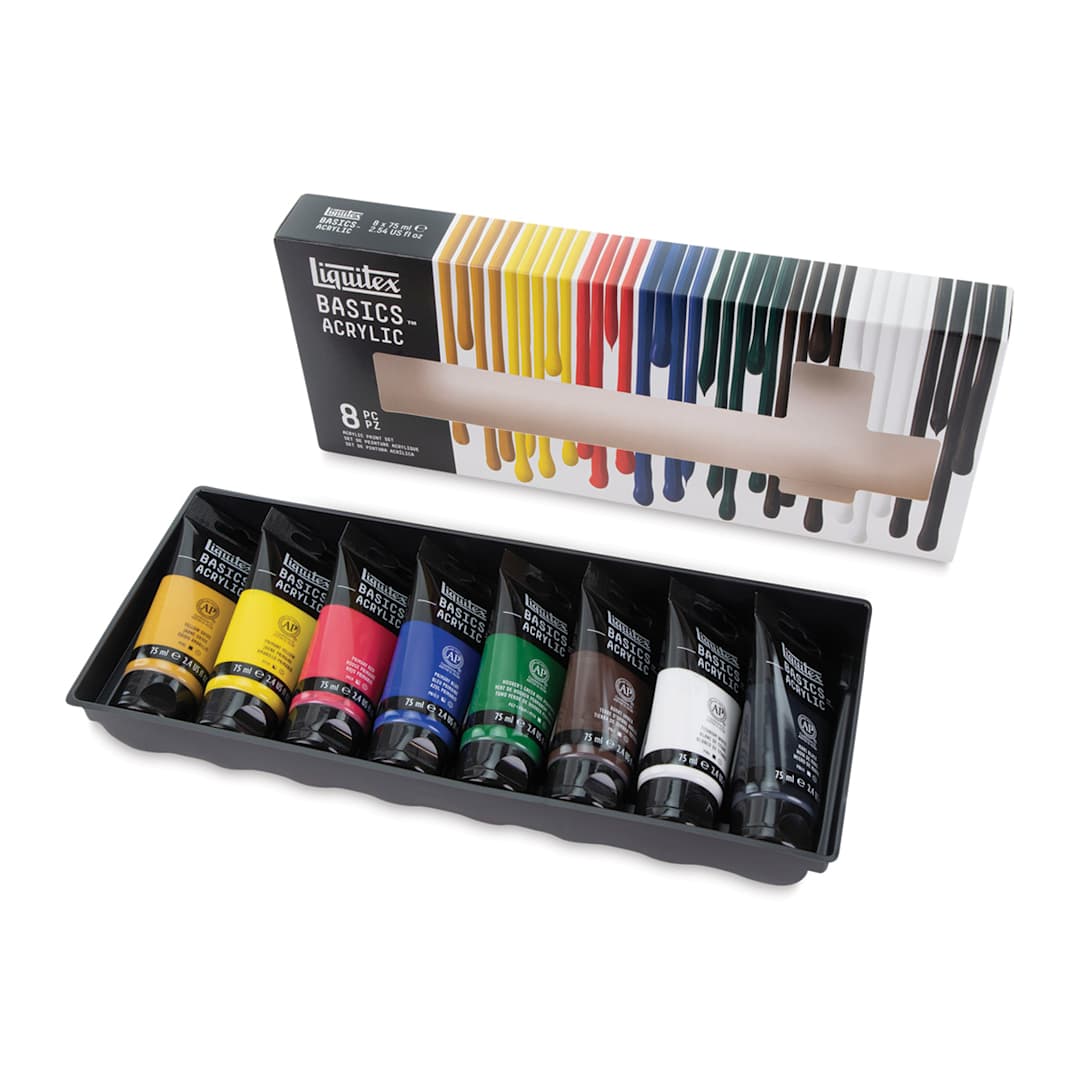 Open in modal - Liquitex Basics Acrylic Set - Color Mixing Set, 2.5 oz Tubes (Shown in tray outside of packaging)