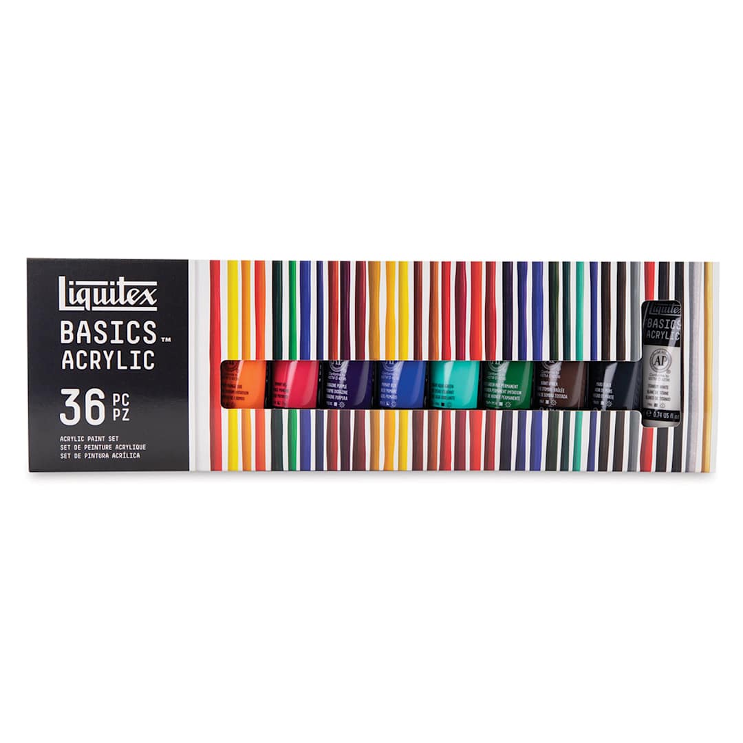 Open in modal - Liquitex Basics Acrylic Paint, Set of 36, 0.74 oz. Front of package.