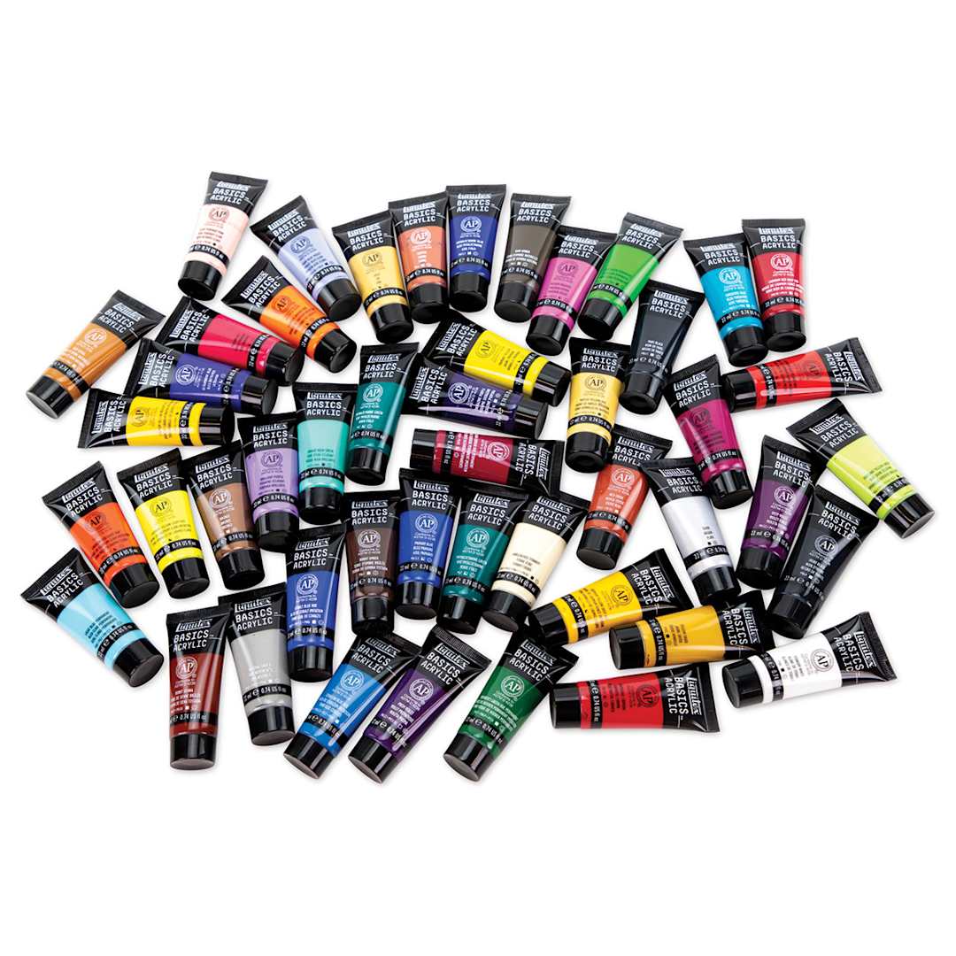 Open in modal - Liquitex Basics Acrylic Paints - Set of 48, Assorted Colors, 22 ml, pile of tubes