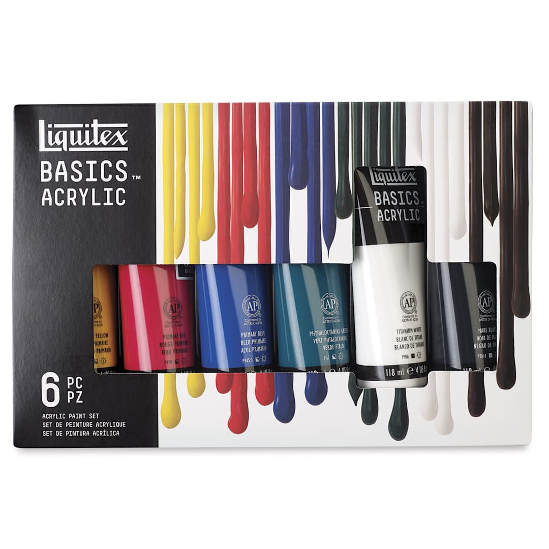 Open in modal - Liquitex Basics Acrylic Paints - Set of 6, Primary Colors, 118 ml, front of package