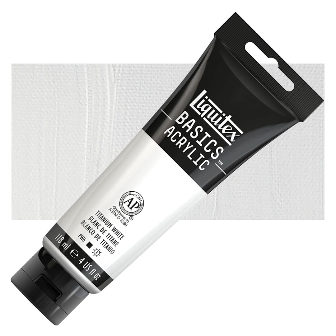 Open in modal - Liquitex Basics Acrylic Paint - Titanium White, 4 oz tube and swatch