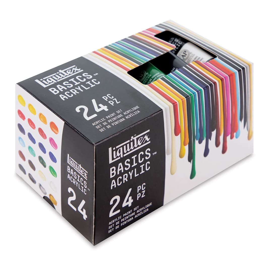 Open in modal - Liquitex Basics Acrylic Paint - Set of 24. Front corner angle view of box.