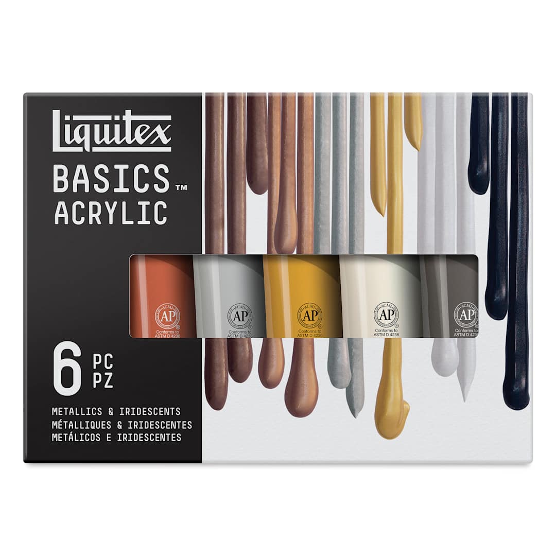 Open in modal - Liquitex Basics Acrylics - Set of 6 Metallic and Iridescent, 4 oz Tubes front of package