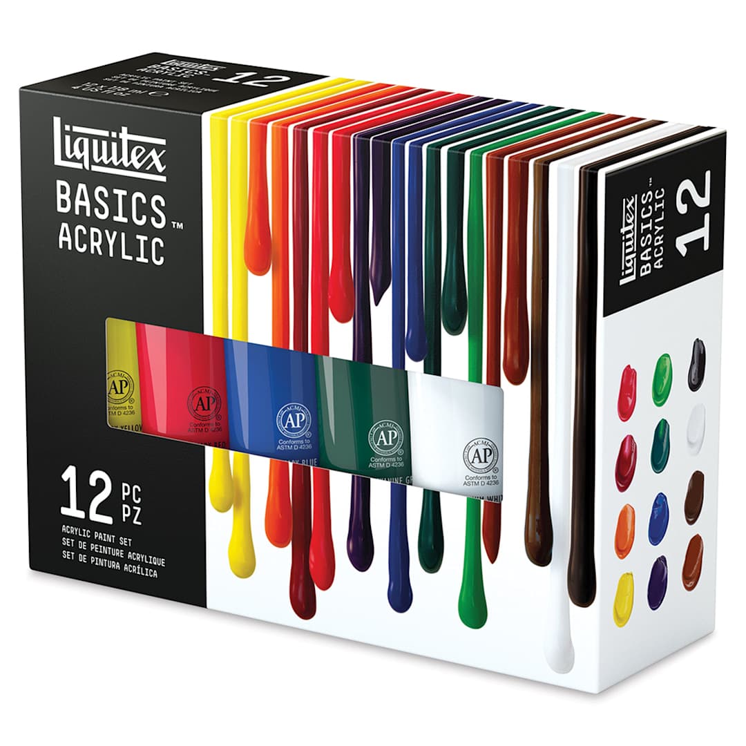 Open in modal - Liquitex Basics Acrylic Set - Set of 12, Assorted Colors, 4 oz, Tubes (Front of packaging, Angled view)