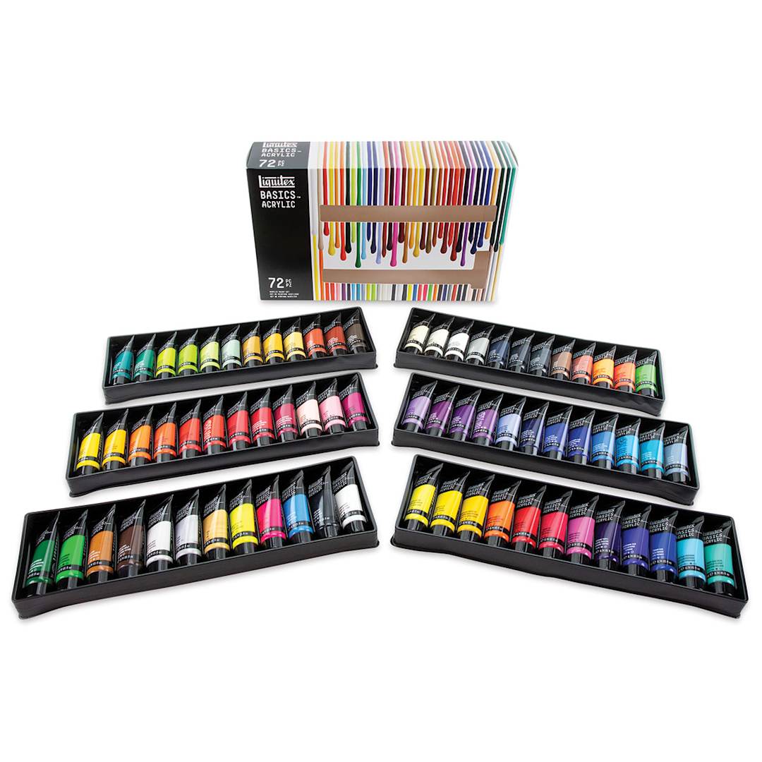 Open in modal - Liquitex Basics Acrylic Set - Set of 72, Assorted Colors, 0.74 oz, Tubes (Tubes in front of packaging)