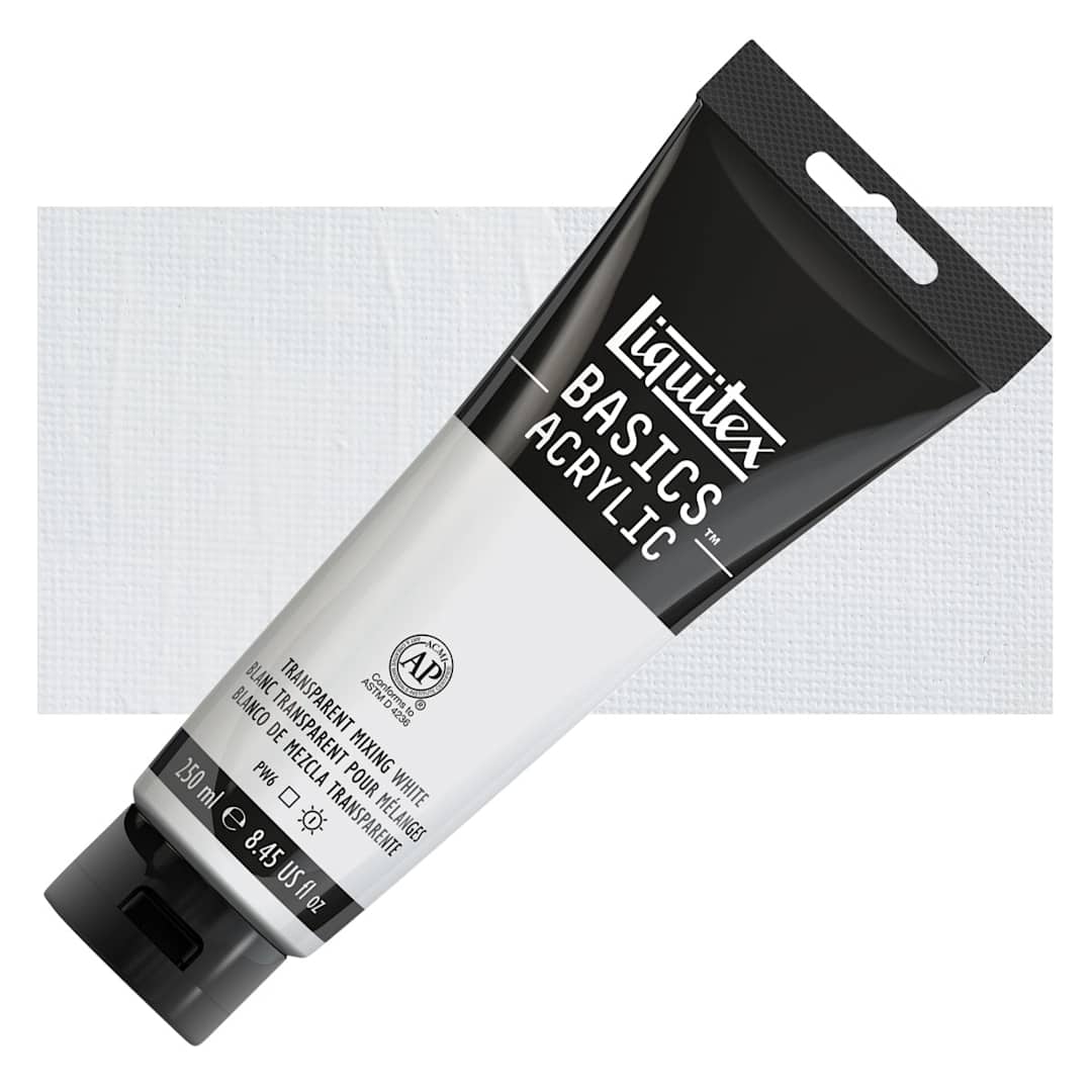 Open in modal - Liquitex Basics Acrylic Paint - Transparent Mixing White, 8.5 oz tube and swatch
