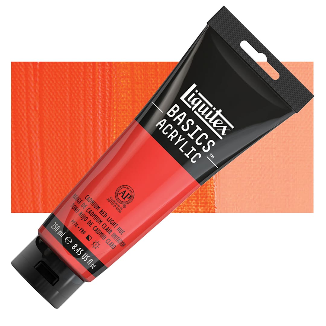 Open in modal - Liquitex Basics Acrylic Paint - Cadmium Red Light Hue, 8.5 oz Tube and swatch