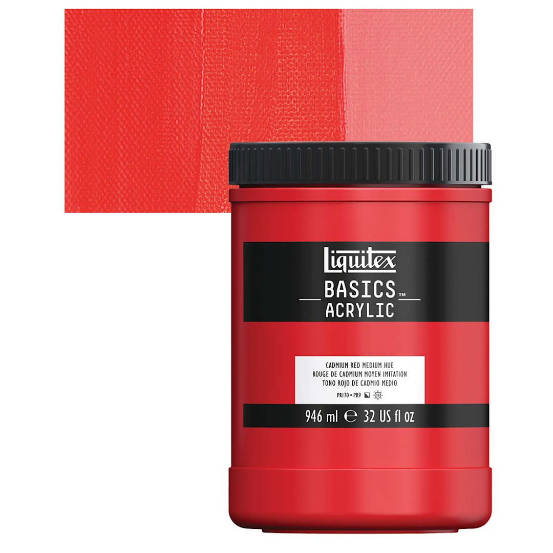 Open in modal - Liquitex Basics Acrylic Paint - Cadmium Red Medium Hue, 32 oz jar and swatch
