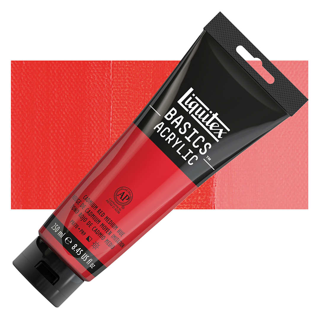 Open in modal - Liquitex Basics Acrylic Paint - Cadmium Red Medium Hue, 8.5 oz Tube and swatch