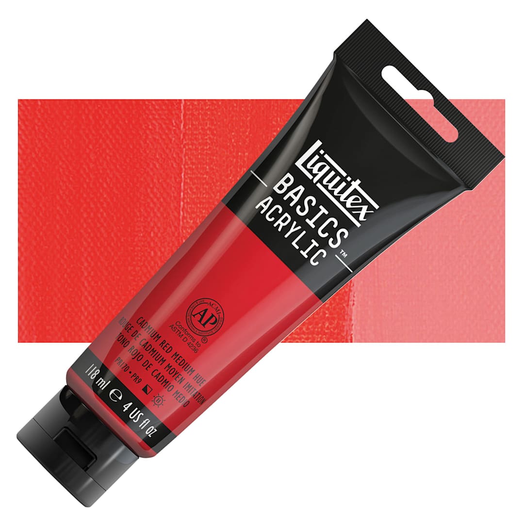 Open in modal - Liquitex Basics Acrylic Paint - Cadmium Red Medium Hue, 4 oz tube and swatch
