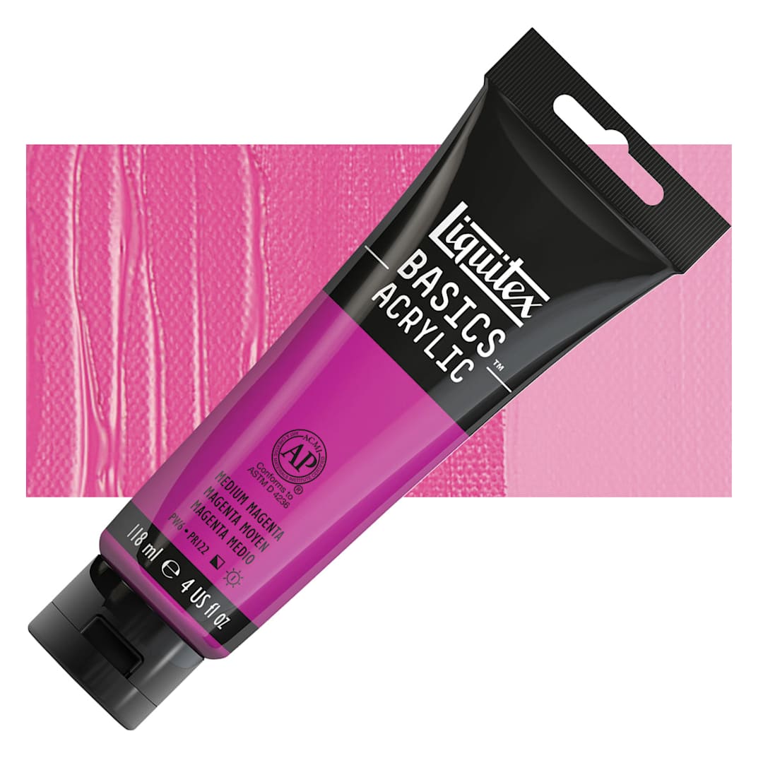 Open in modal - Liquitex Basics Acrylic Paint - Medium Magenta, 4 oz tube and swatch
