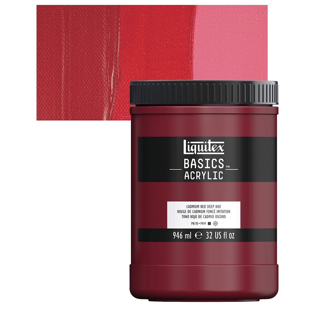 Open in modal - Liquitex Basics Acrylic Paint - Cadmium Red Deep Hue, 32 oz jar and swatch