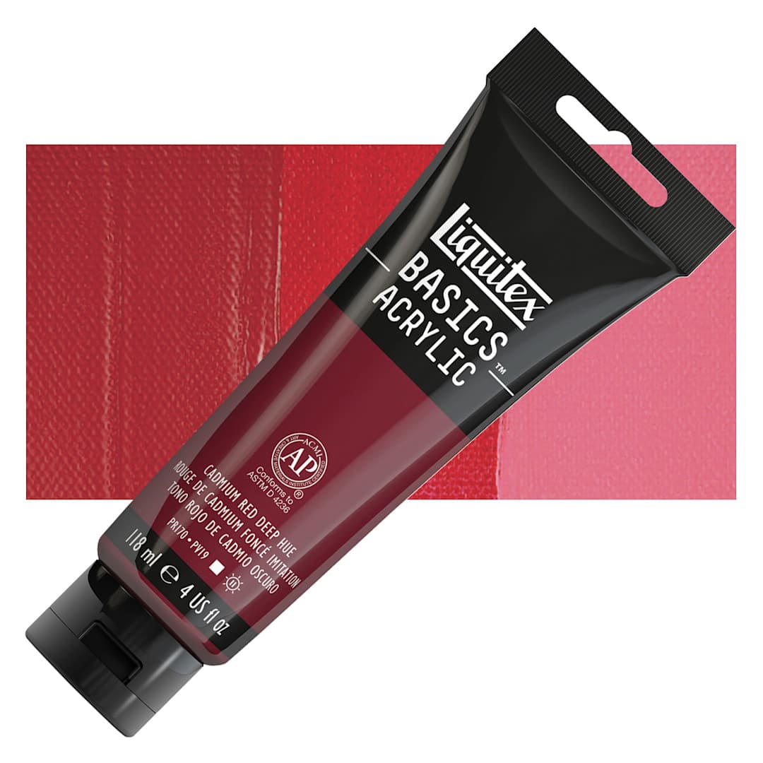 Open in modal - Liquitex Basics Acrylic Paint - Cadmium Red Deep Hue, 4 oz tube and swatch