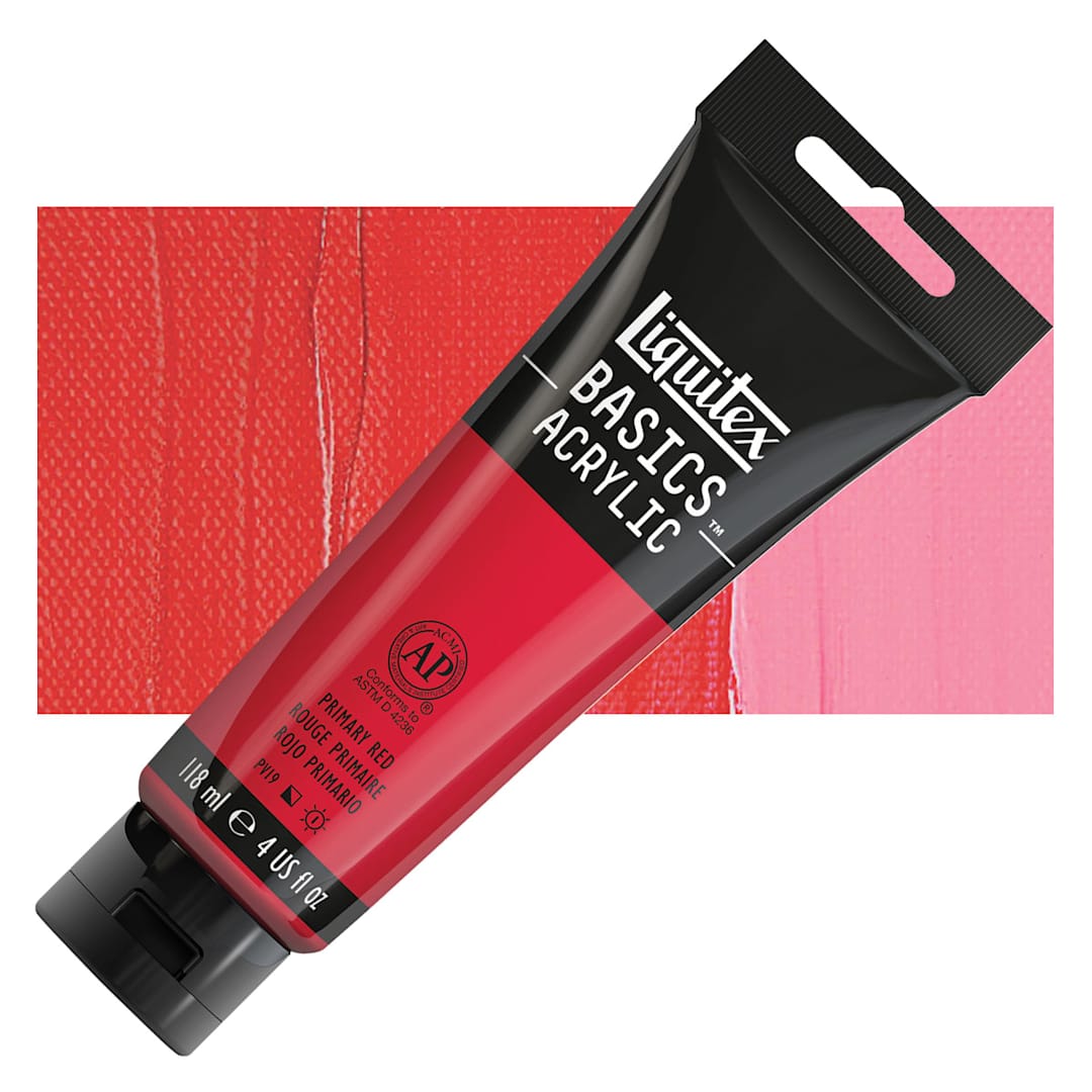 Open in modal - Liquitex Basics Acrylic Paint - Primary Red, 4 oz tube and swatch