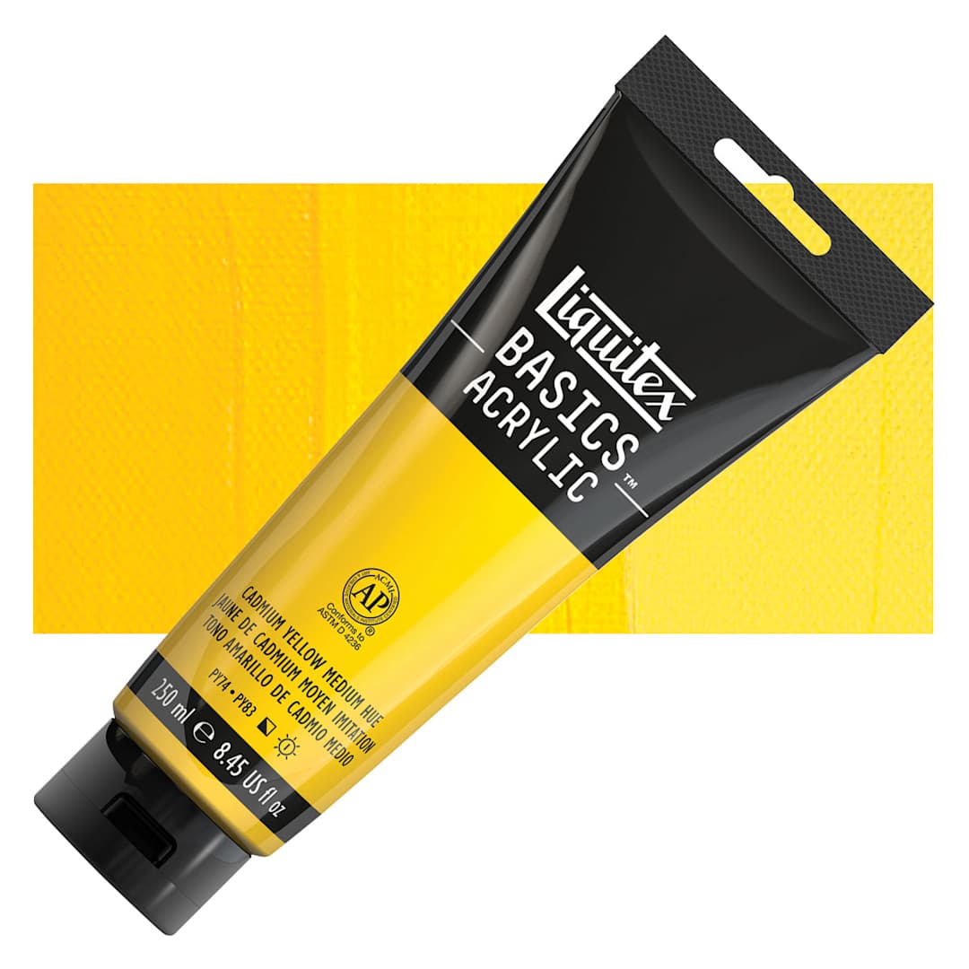 Open in modal - Liquitex Basics Acrylic Paint - Cadmium Yellow Medium Hue, 8.5 oz Tube and swatch