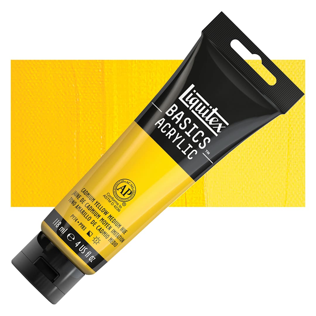 Open in modal - Liquitex Basics Acrylic Paint - Cadmium Yellow Medium Hue, 4 oz tube and swatch