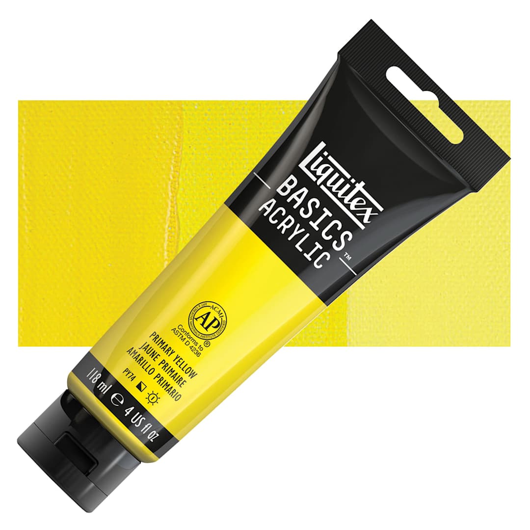 Open in modal - Liquitex Basics Acrylic Paint - Primary Yellow, 4 oz tube and swatch