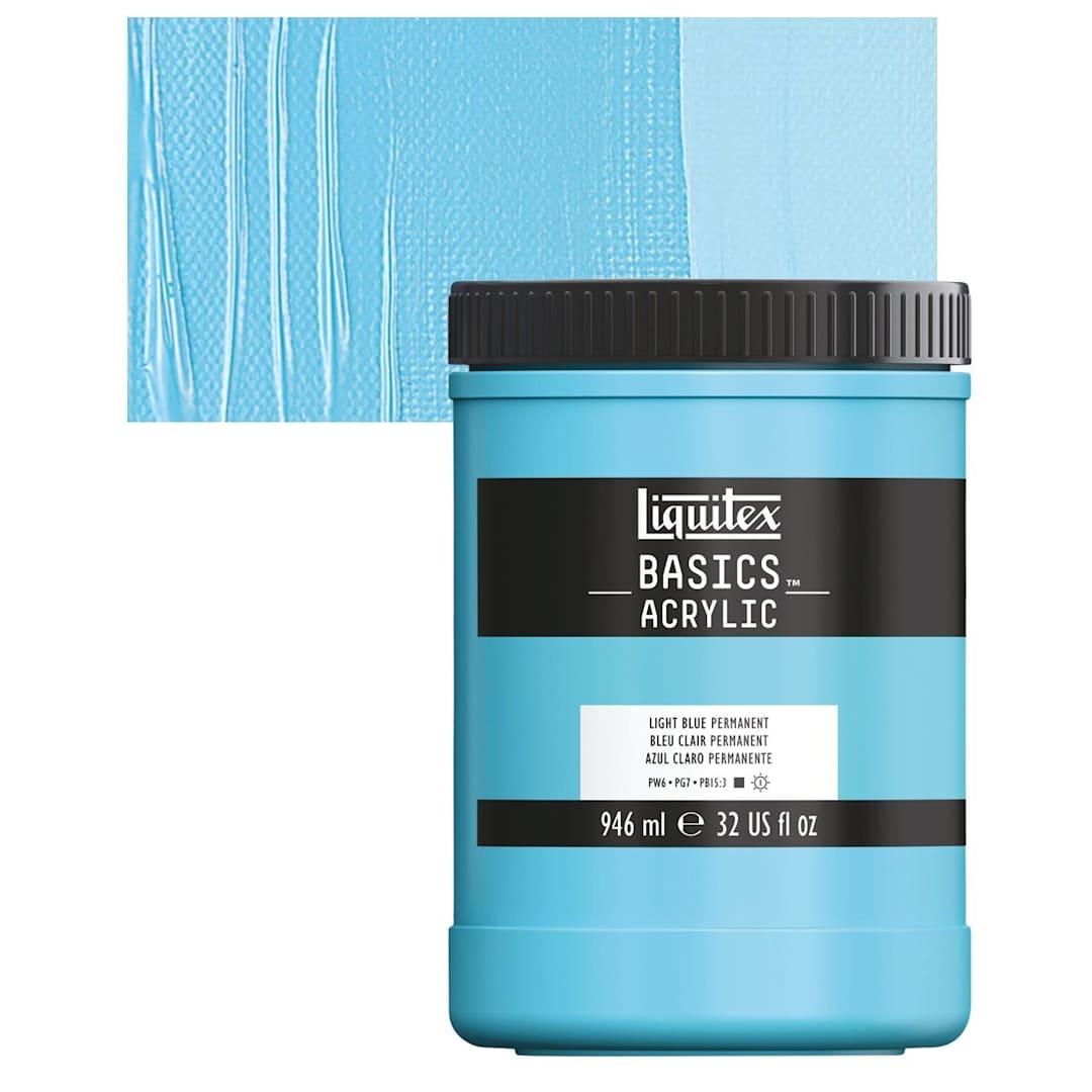 Open in modal - Liquitex Basics Acrylic Paint - Light Blue Permanent, 32 oz jar and swatch