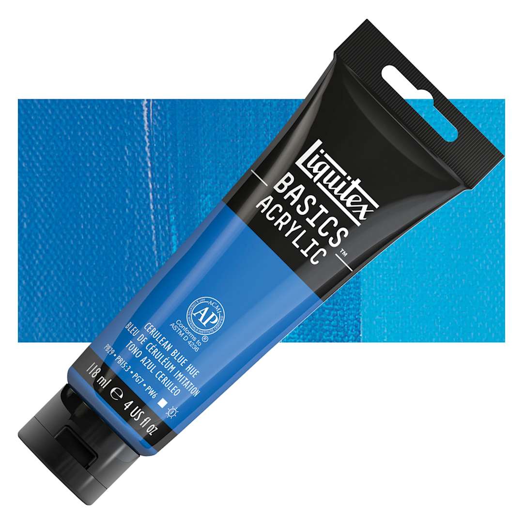 Open in modal - Liquitex Basics Acrylic Paint - Cerulean Blue Hue, 4 oz tube and swatch