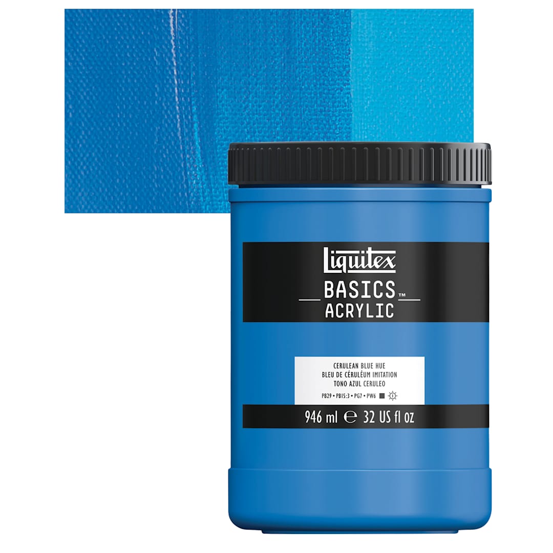 Open in modal - Liquitex Basics Acrylic Paint - Cerulean Blue Hue, 32 oz jar and swatch