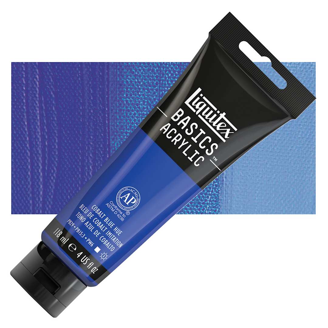 Open in modal - Liquitex Basics Acrylic Paint - Cobalt Blue Hue, 4 oz tube and swatch