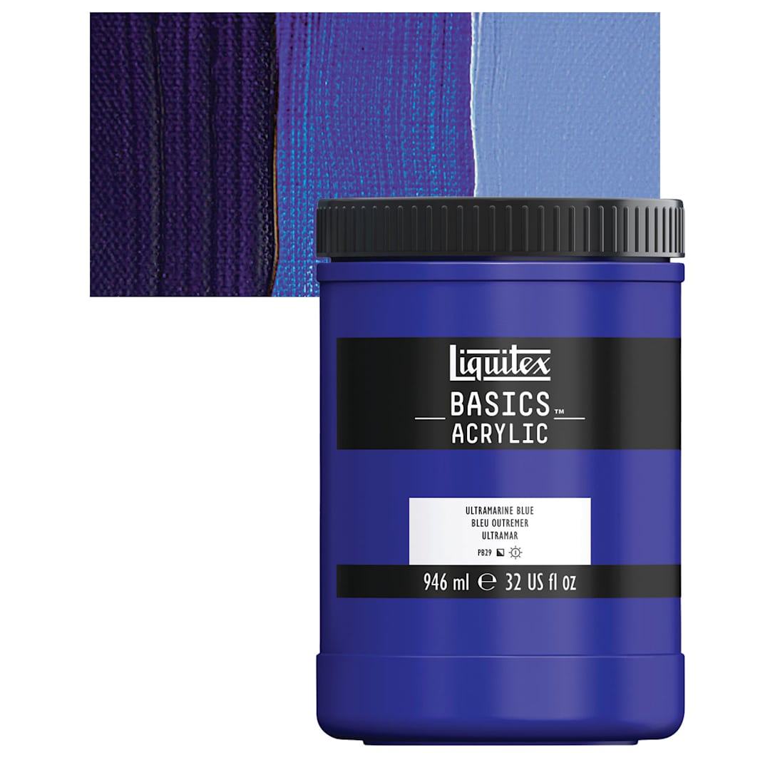 Open in modal - Liquitex Basics Acrylic Paint - Ultramarine Blue, 32 oz jar and swatch