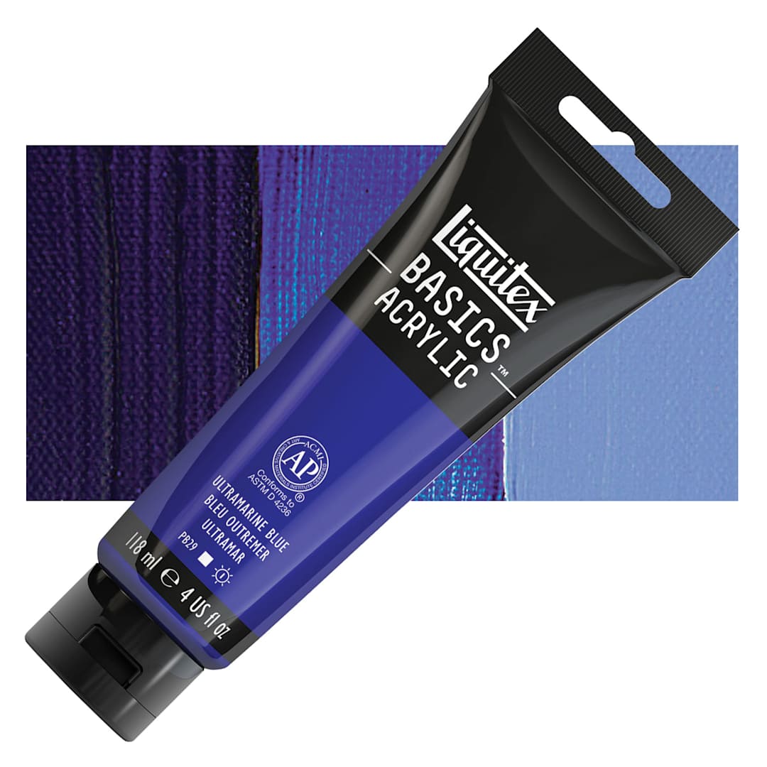 Open in modal - Liquitex Basics Acrylic Paint - Ultramarine Blue, 4 oz tube and swatch