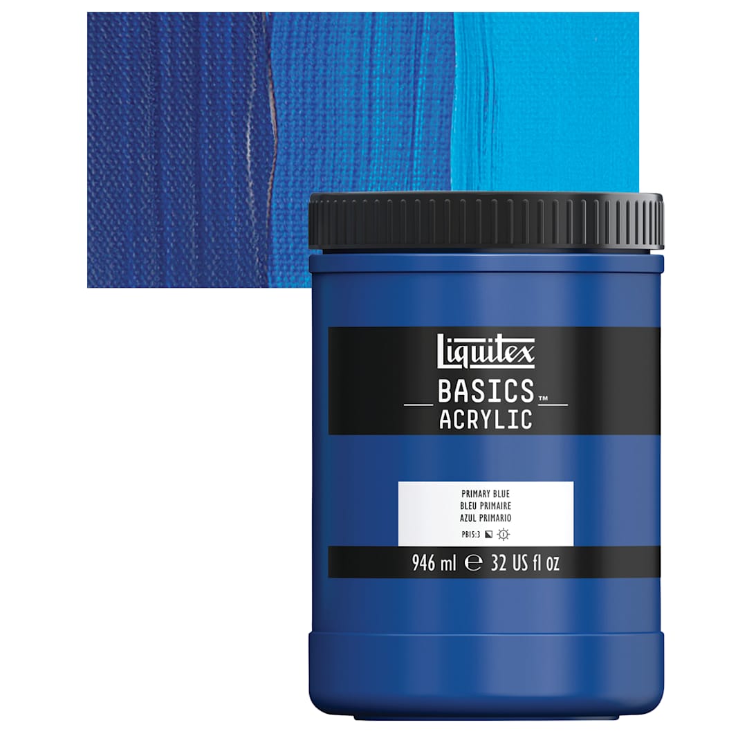 Open in modal - Liquitex Basics Acrylic Paint - Primary Blue, 32 oz jar and swatch
