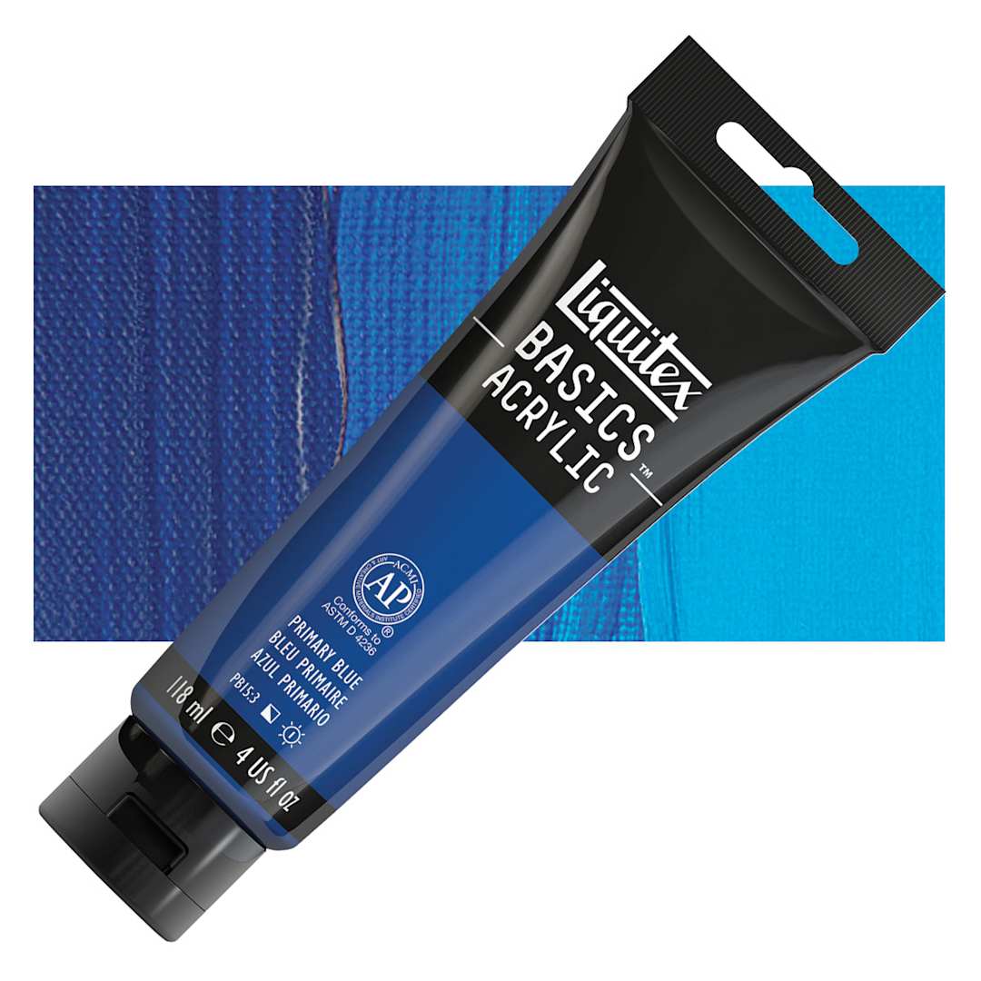 Open in modal - Liquitex Basics Acrylic Paint - Primary Blue, 4 oz tube and swatch