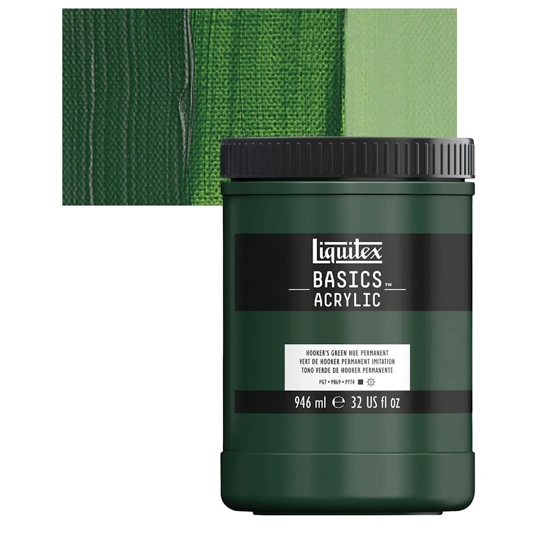 Open in modal - Liquitex Basics Acrylic Paint - Hooker's Green Hue Permanent, 32 oz jar and swatch