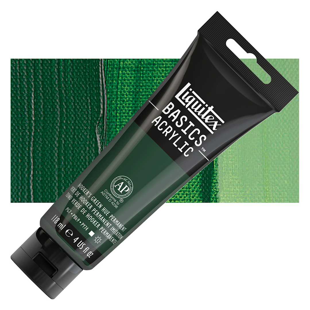 Open in modal - Liquitex Basics Acrylic Paint - Hooker's Green Hue Permanent, 4 oz tube and swatch