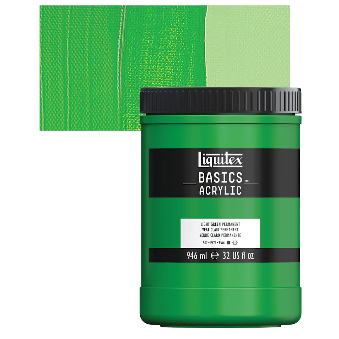 Open in modal - Liquitex Basics Acrylic Paint - Light Green Permanent, 32 oz jar and swatch
